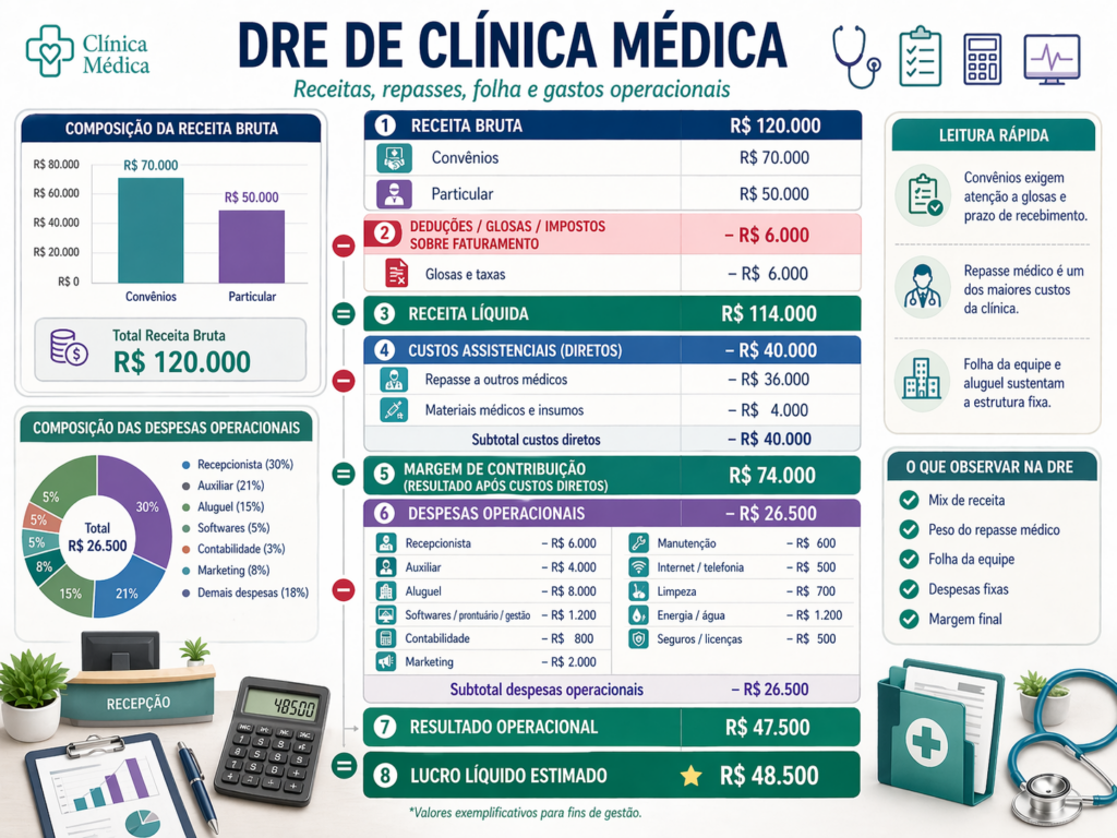 DRE gerencial de clínica médica — mapa financeiro com receita, custos e resultado líquido