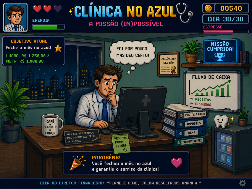 Dono de clínica médica olhando para contas — clínica que fatura bem mas sobra pouco